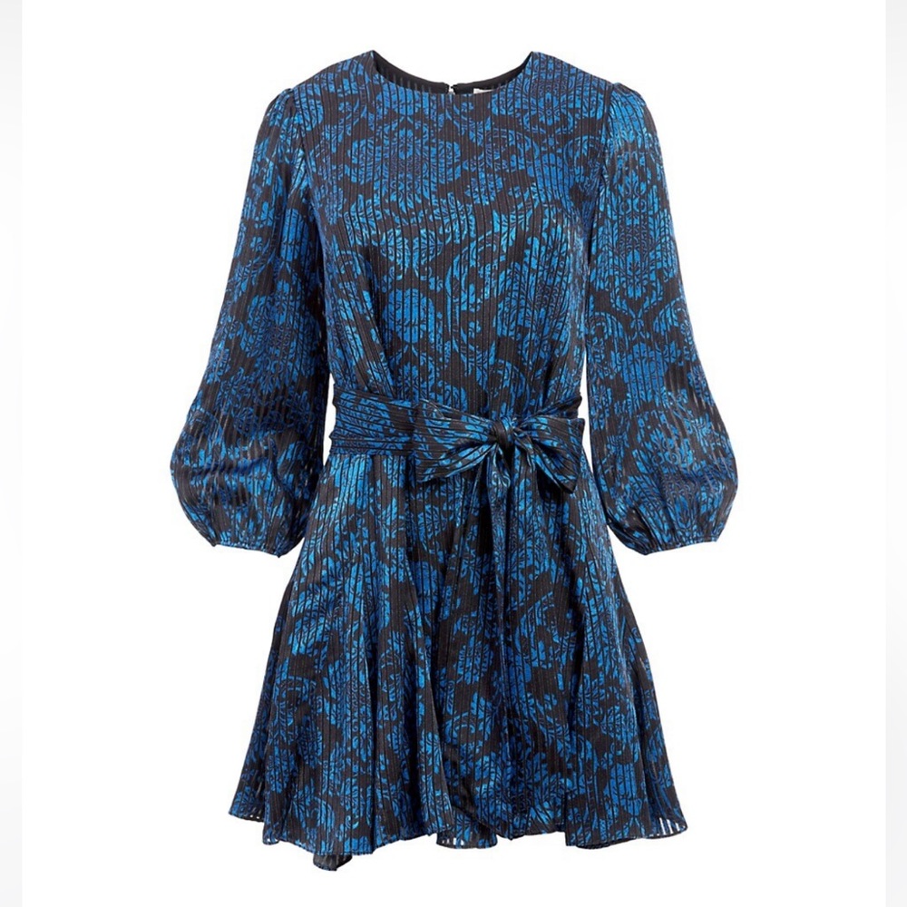 Alice + Olivia Mina, Blue and Black, Puff-Sleeve Godet Belted Dress, Size 8